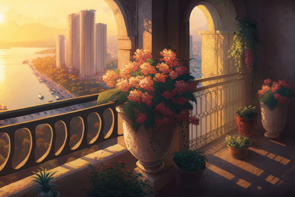 balcony with potted flowers, view of the city and sunset in the background, generative ai