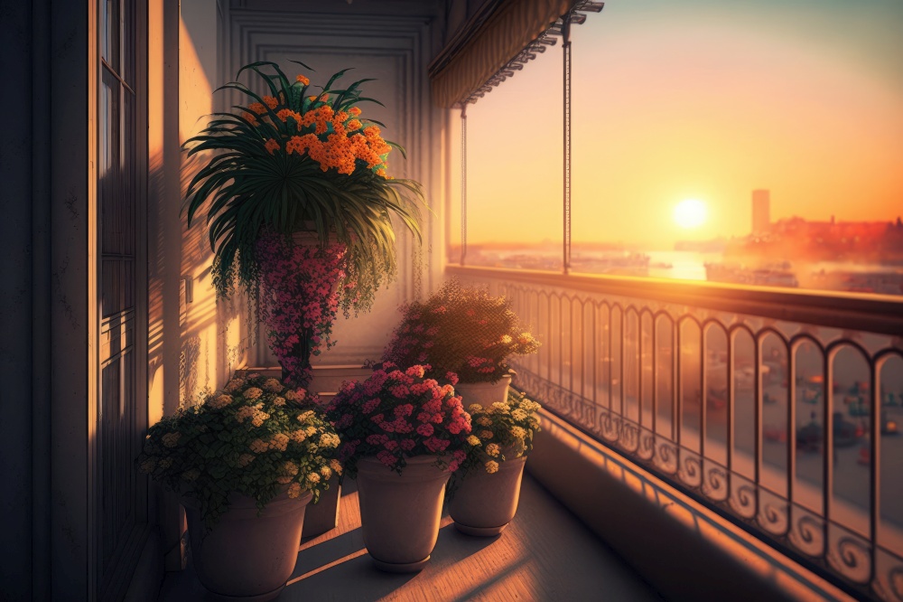 balcony with potted flowers and view of sunset in the city, generative ai