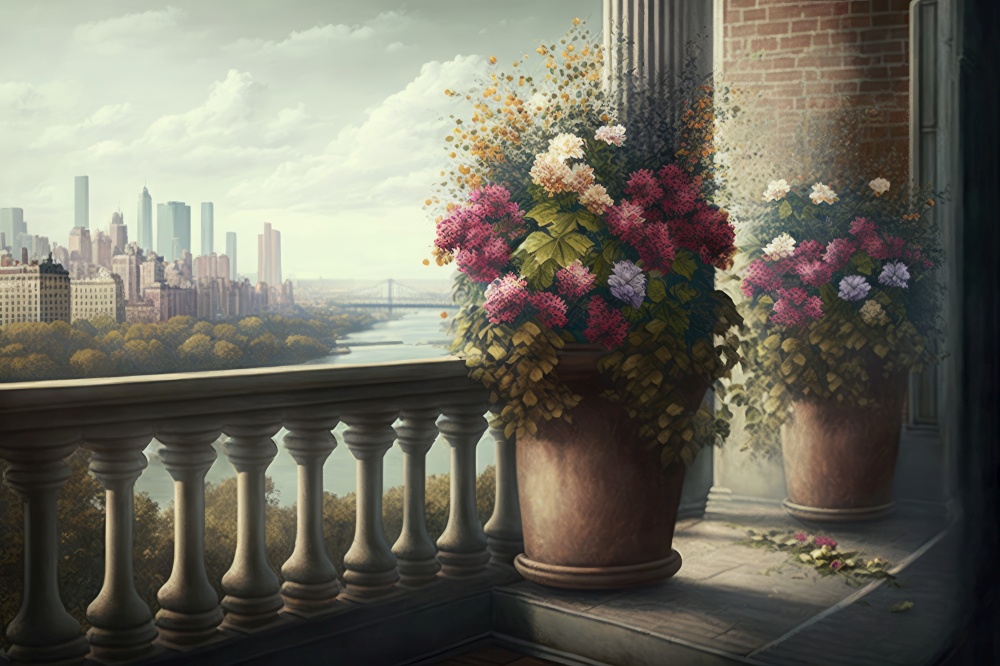 balcony with potted flowers on fa???? ??? ???? ?? ??? ???? ???????? ?????????? ???