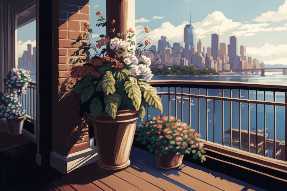 balcony with potted flowers and view of city skyline, generative ai