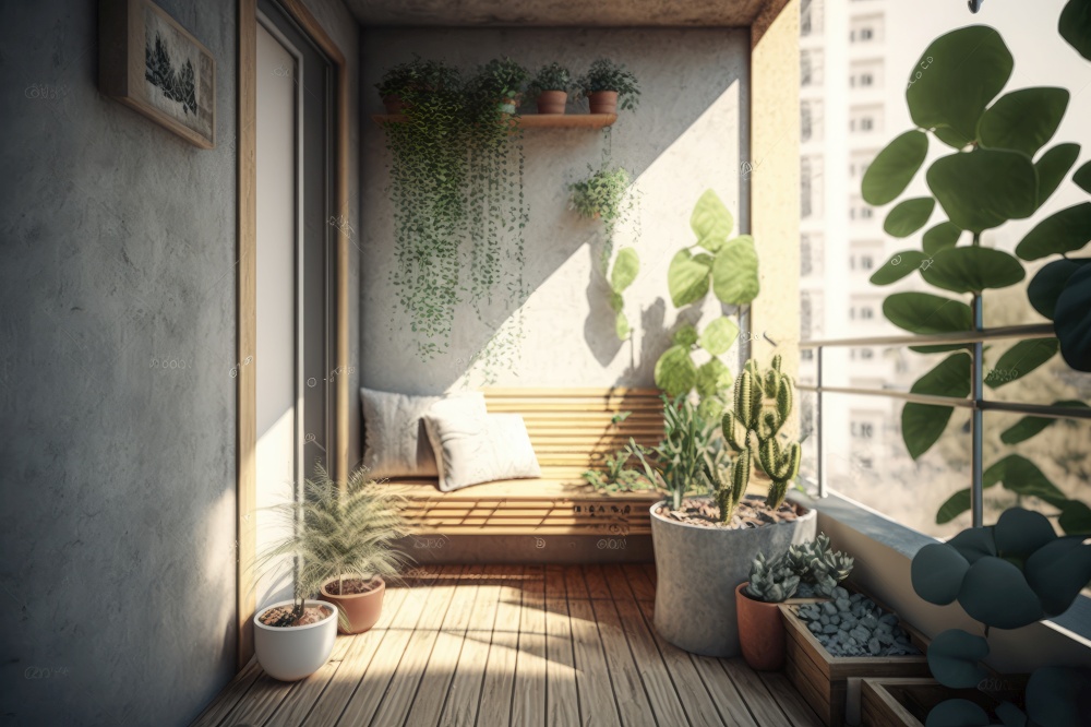 balcony with potted plants and wooden bench in a minimalist apartment, generative ai