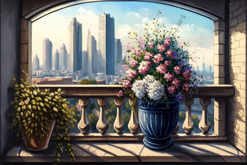 balcony with potted flowers and window view of the city skyline, generative ai