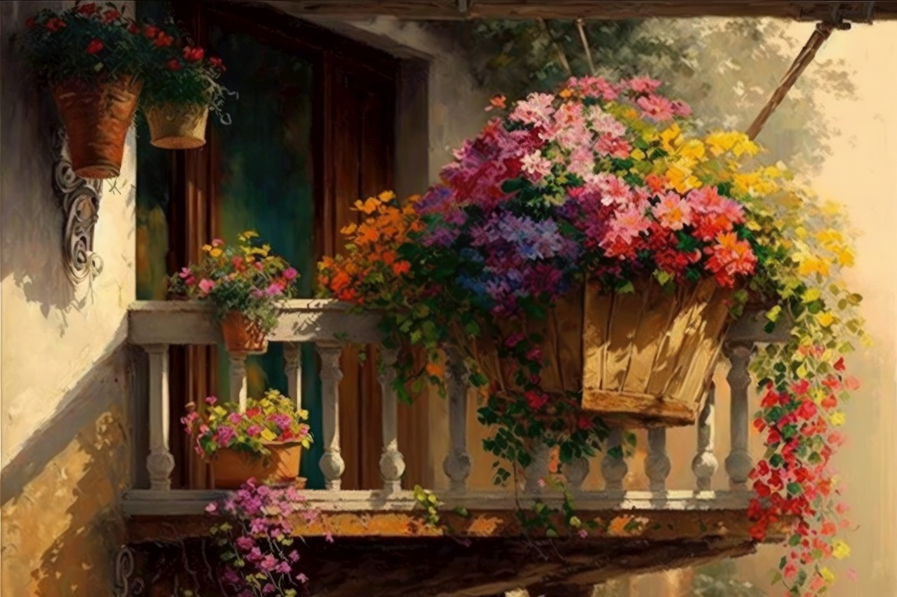 balcony with hanging basket of flowers ==> balcony with potted plants and wooden decking, generative ai
