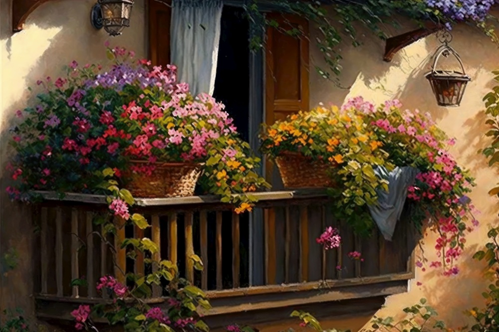 balcony with hanging basket of flowers ==> balcony with potted plants and wooden decking, generative ai