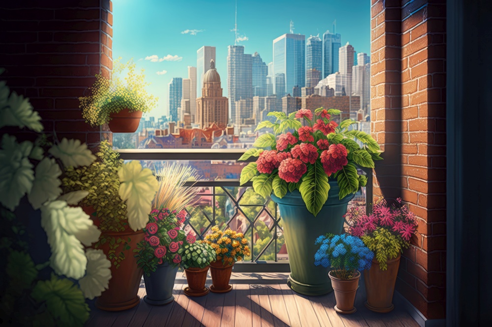balcony with potted flowers and view of the city skyline on a sunny summer day, generative ai