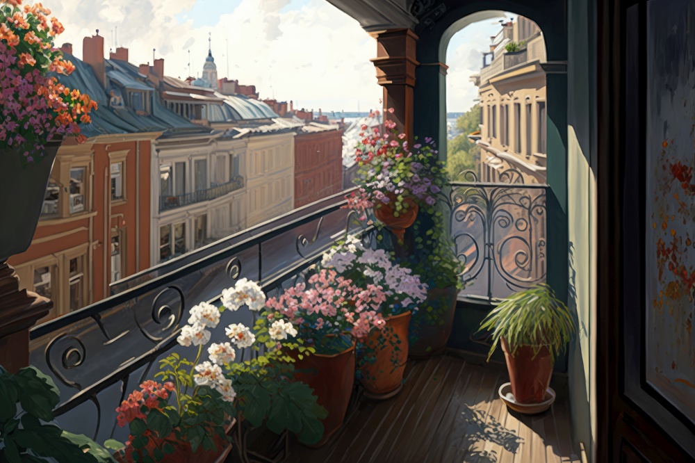 balcony with potted flowers and view of bustling city street, generative ai