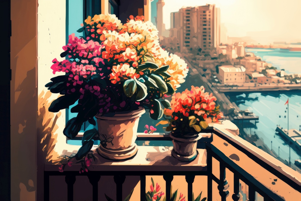 balcony with potted flowers and cityscape in the background, generative ai