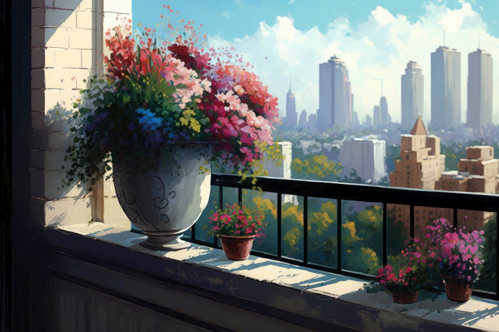 balcony with potted flowers and view of city skyline, generative ai