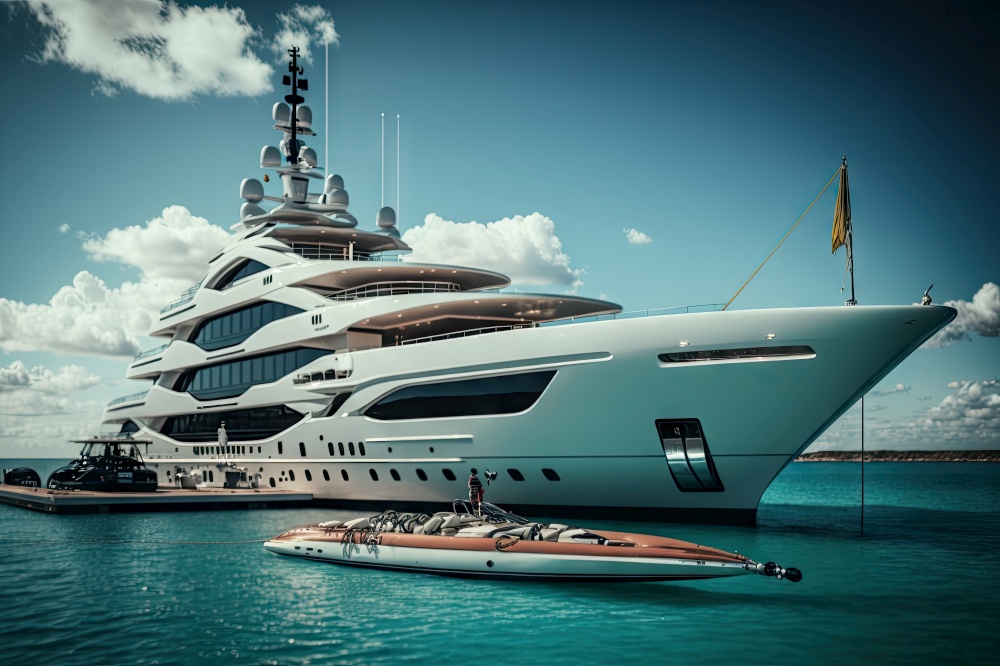 luxury yacht docked at marina with jet skis, paddleboards, and kayaks on deck, created with generative ai. luxury yacht docked at marina with jet skis, paddleboards, and kayaks on deck