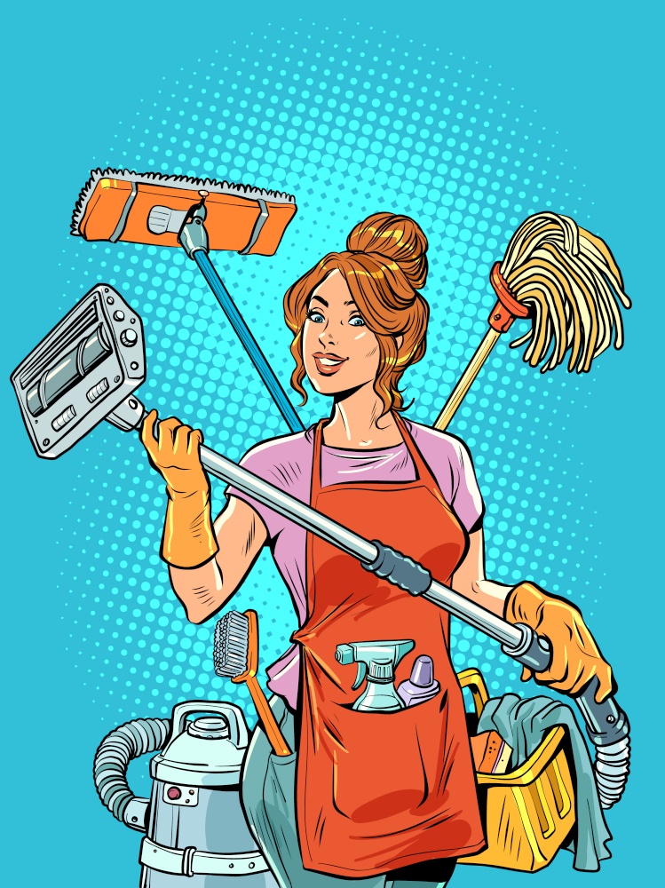 A beautiful housewife girl organizes cleaning and life in her house for the whole family and herself. Multitasking housework for wife. Comic cartoon pop art retro vector illustration hand drawing. A beautiful housewife girl organizes cleaning and life in her house for the whole family and herself. Multitasking housework for wife.
