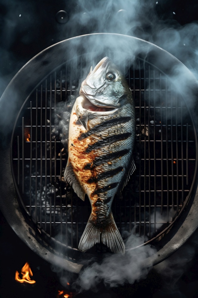 Grilling Fish on Barbecue. Generative ai. High quality illustration. Grilling Fish on Barbecue. Generative ai