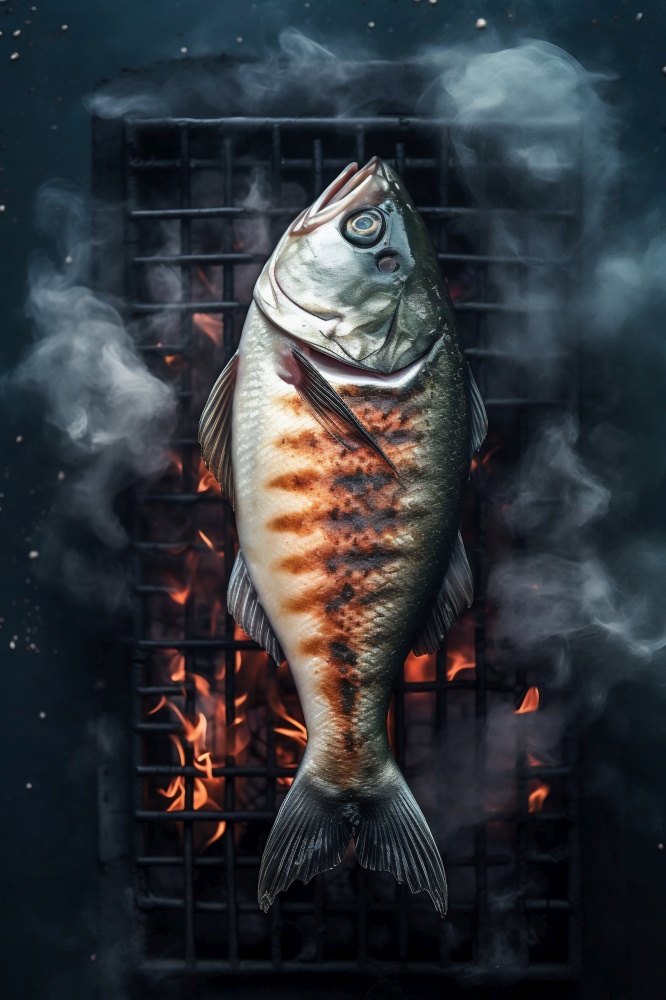 Grilling Fish on Barbecue. Generative ai. High quality illustration. Grilling Fish on Barbecue. Generative ai