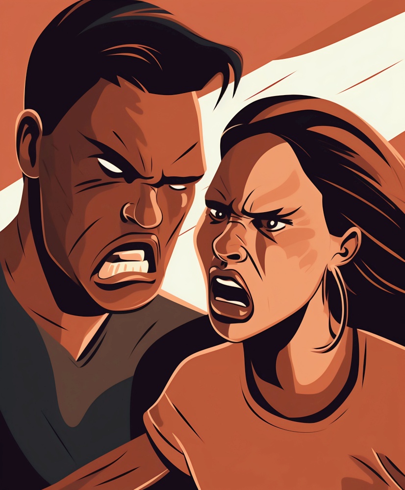 Illustration of Woman and a man swear among themselves, screaming and violence. High quality illustration. Illustration of Woman and a man swear among themselves, screaming and violence