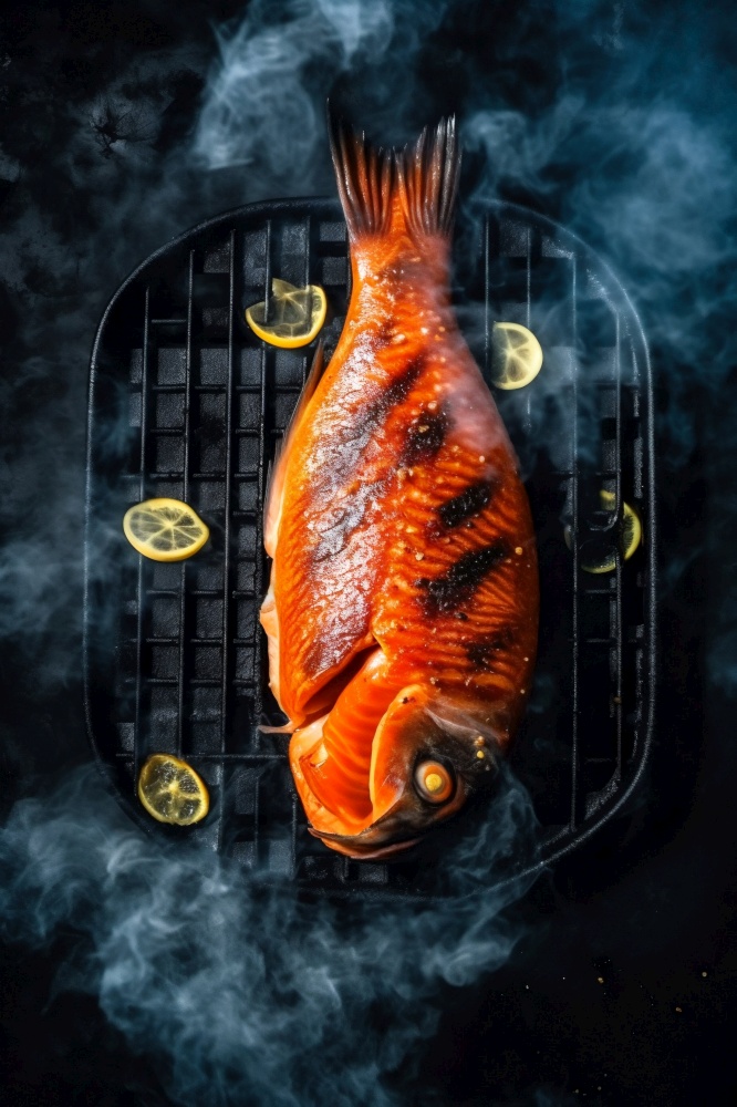 Grilling Fish on Barbecue. Generative ai. High quality illustration. Grilling Fish on Barbecue. Generative ai