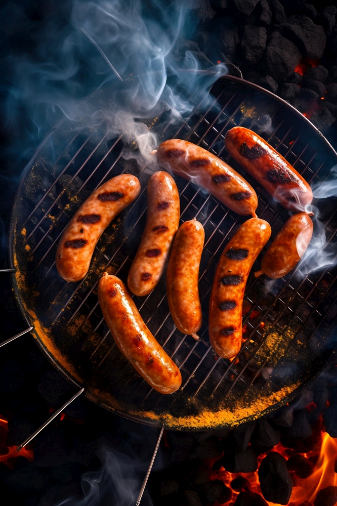 Sizzling Sausages on Grill. Generative ai. High quality illustration. Sizzling Sausages on Grill. Generative ai