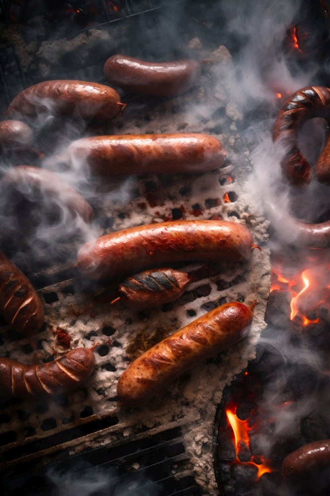 Sizzling Sausages on Grill. Generative ai. High quality illustration. Sizzling Sausages on Grill. Generative ai