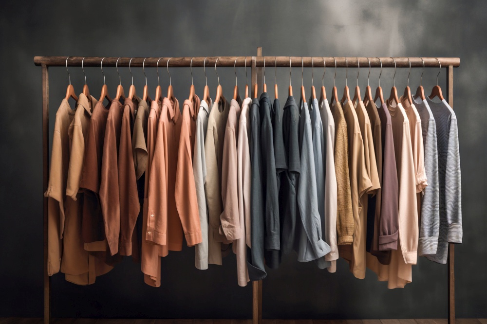 Clothes Hanging on Hangers on Racks. Generative ai. High quality illustration. Clothes Hanging on Hangers on Racks. Generative ai