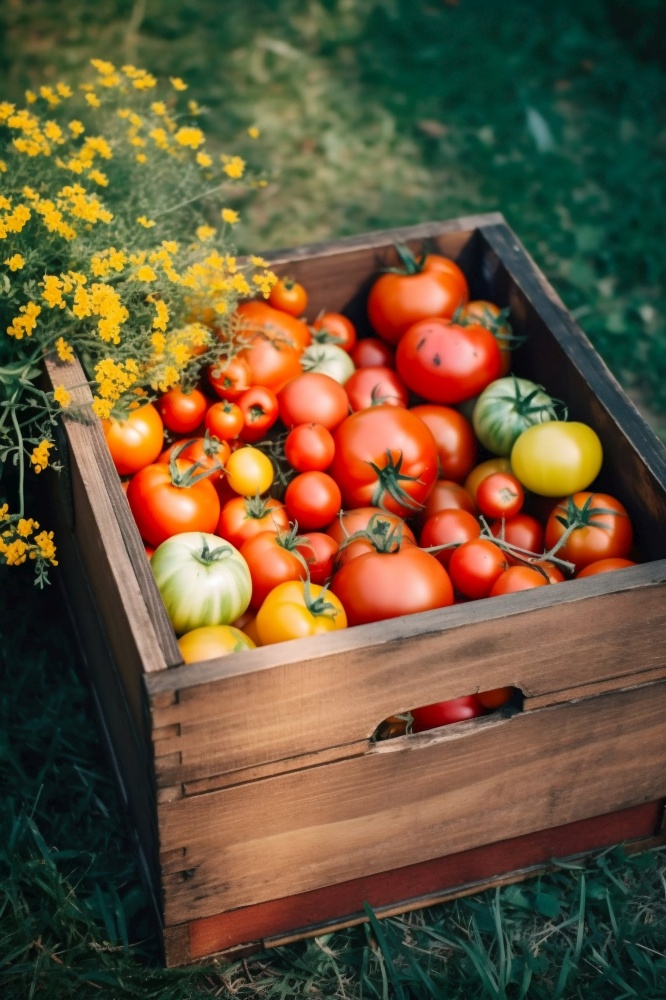 Fresh Tomatoes in Wooden Box in the Garden. Generative ai. High quality illustration. Fresh Tomatoes in Wooden Box in the Garden. Generative ai