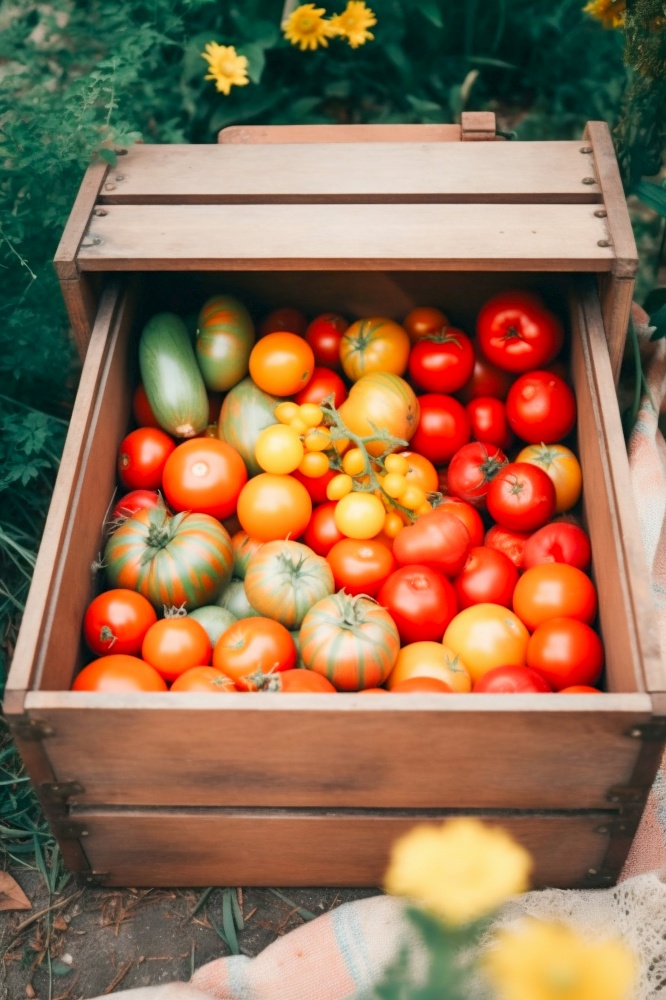 Fresh Tomatoes in Wooden Box in the Garden. Generative ai. High quality illustration. Fresh Tomatoes in Wooden Box in the Garden. Generative ai