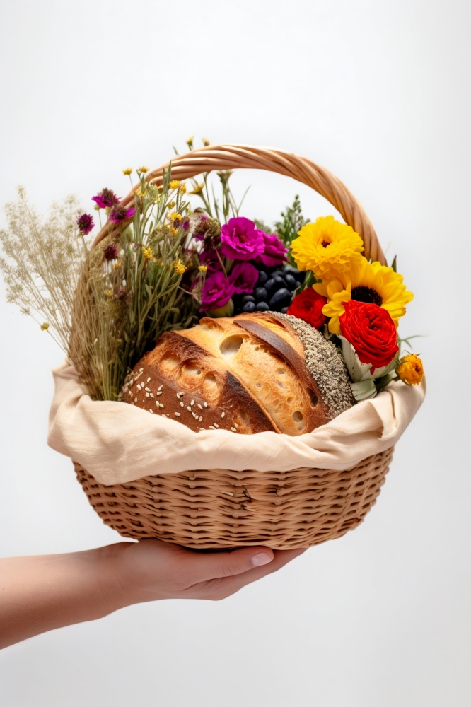 Hand Holding a Basket of Fresh Bread and Flowers on White Background. High quality illustration. Hand Holding a Basket of Fresh Bread and Flowers on White Background.