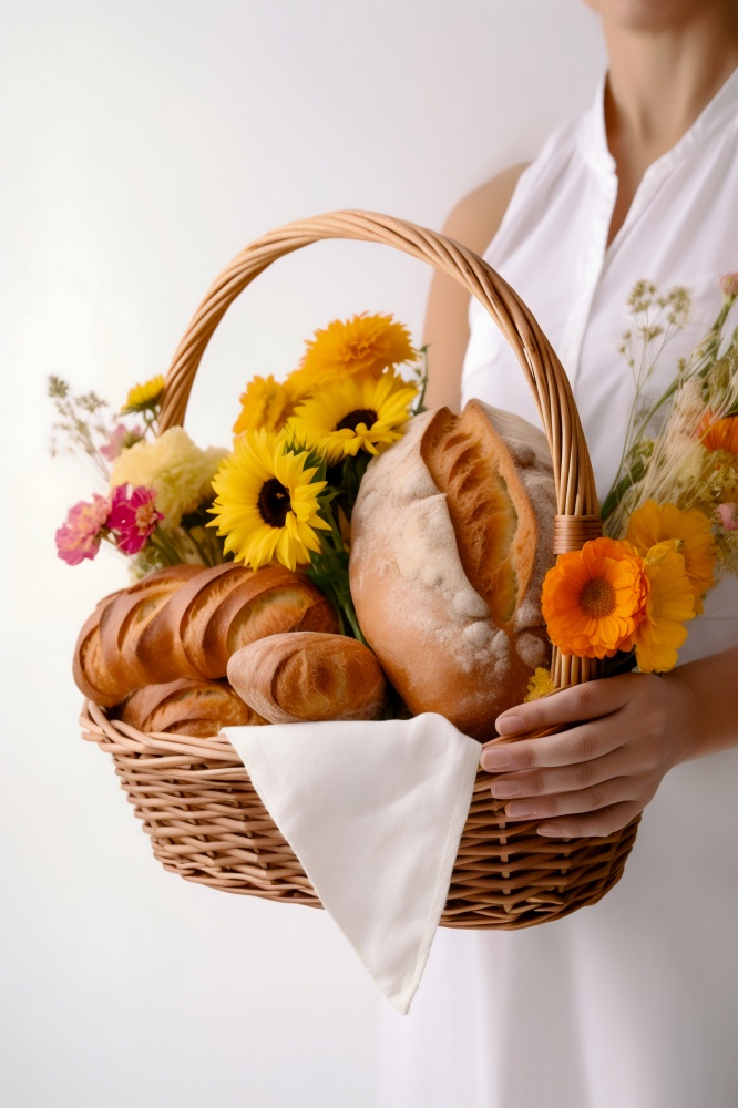 Hand Holding a Basket of Fresh Bread and Flowers on White Background. High quality illustration. Hand Holding a Basket of Fresh Bread and Flowers on White Background.