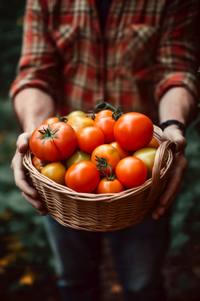 Man Holding Fresh Tomatoes in a Basket. Generative ai. High quality illustration. Man Holding Fresh Tomatoes in a Basket. Generative ai