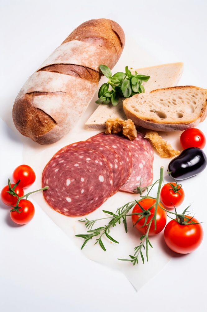 Salami, Fresh Herbs and Tomatoes on White Background. Generative ai. High quality illustration. Salami, Fresh Herbs and Tomatoes on White Background. Generative ai