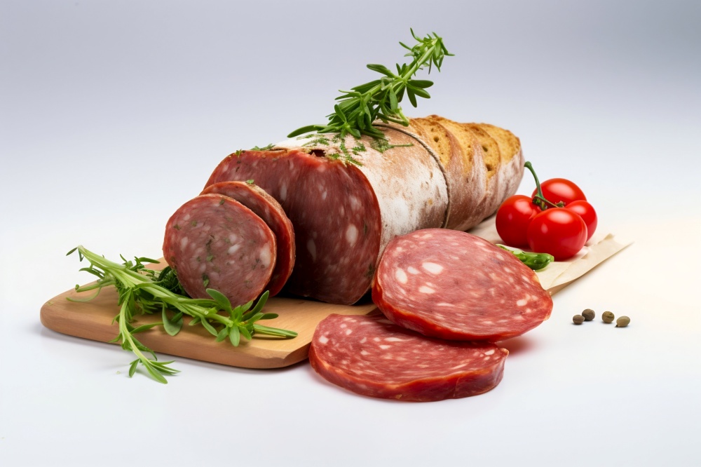 Salami, Fresh Herbs and Tomatoes on White Background. Generative ai. High quality illustration. Salami, Fresh Herbs and Tomatoes on White Background. Generative ai