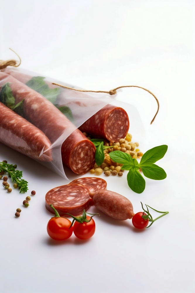 Craft Pack of Salami, Fresh Herbs and Tomatoes. Generative ai. High quality illustration. Craft Pack of Salami, Fresh Herbs and Tomatoes. Generative ai