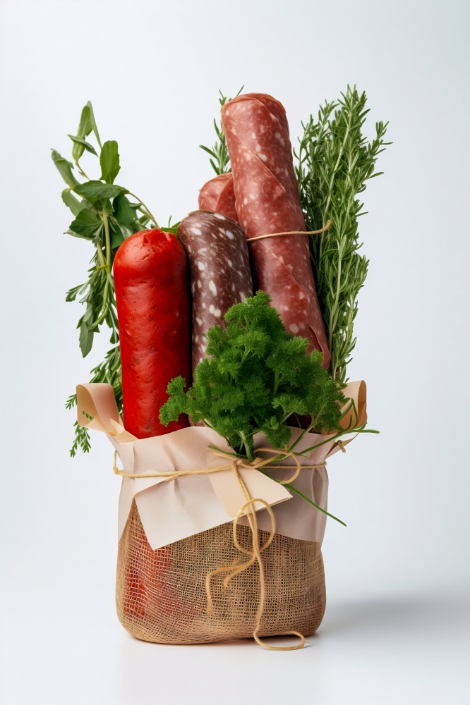 Craft Pack of Salami, Fresh Herbs and Tomatoes. Generative ai. High quality illustration. Craft Pack of Salami, Fresh Herbs and Tomatoes. Generative ai