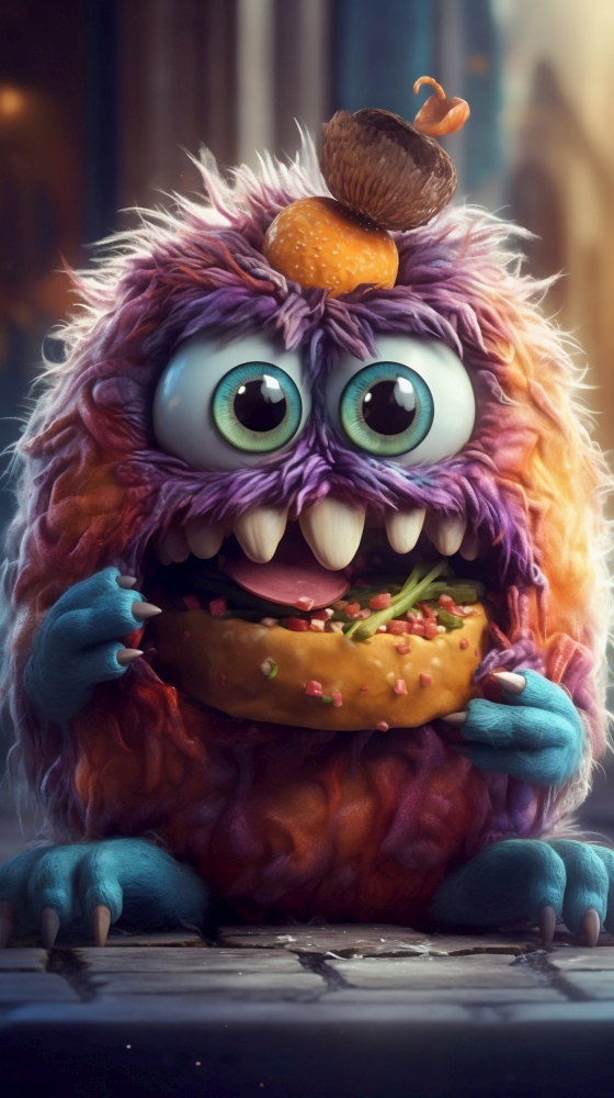 Fluffy Cute Monster Eating Burger. Generative ai. High quality illustration. Fluffy Cute Monster Eating Burger. Generative ai