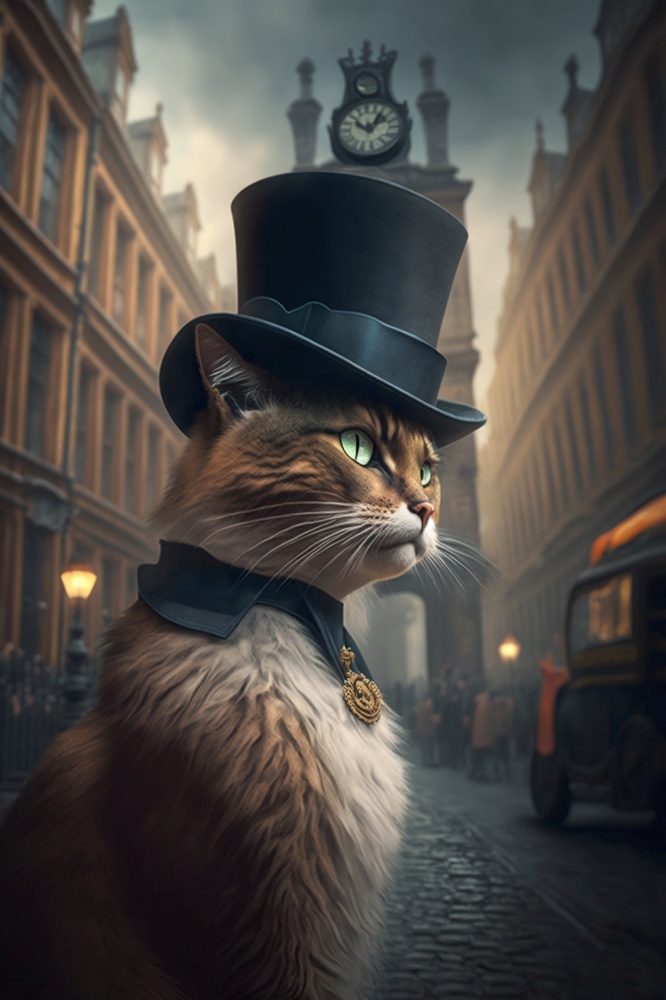Victorian cat with a top hat posing on the streets of old London. Generative AI. High quality illustration. Victorian cat with a top hat posing on the streets of old London. Generative AI