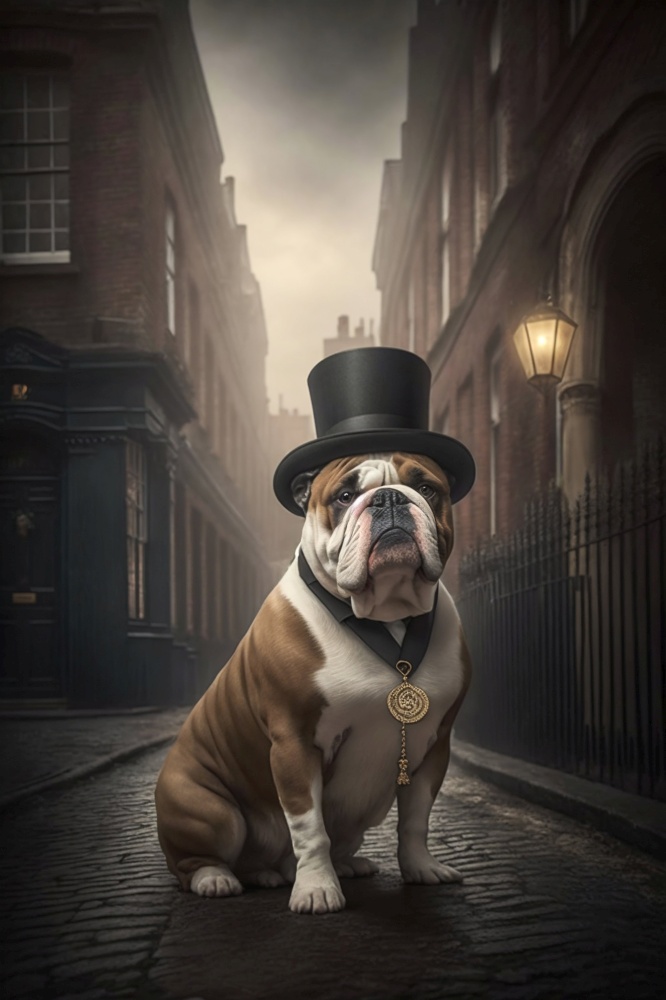 Victorian english bulldog sitting with a top hat and posing on the streets of old London. Generative AI. High quality illustration. Victorian english bulldog sitting with a top hat and posing on the streets of old London. Generative AI