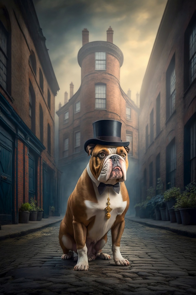 Victorian english bulldog sitting with a top hat and posing on the streets of old London. Generative AI. High quality illustration. Victorian english bulldog sitting with a top hat and posing on the streets of old London. Generative AI