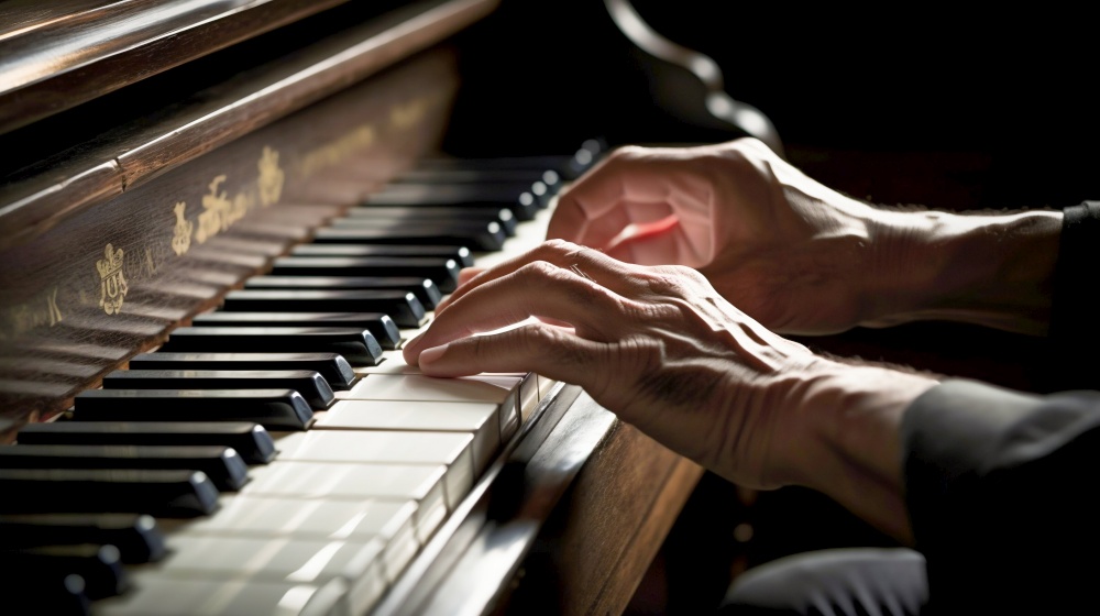 Hands playing a grand piano closeup with a dramatic interplay of light and shadow highlighting. Generative AI. High quality illustration. Hands playing a grand piano closeup with a dramatic interplay of light and shadow highlighting. Generative AI