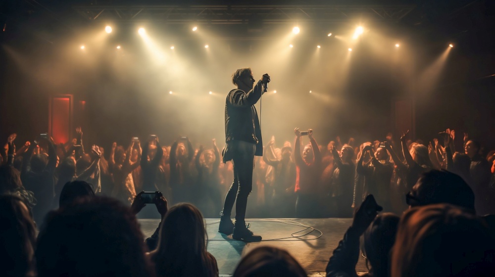 Singer Performing on Concert Stage, Surrounded by Energetic Crowd and Illuminated by Stage Lights. Generative ai. High quality illustration. Singer Performing on Concert Stage, Surrounded by Energetic Crowd and Illuminated by Stage Lights. Generative ai