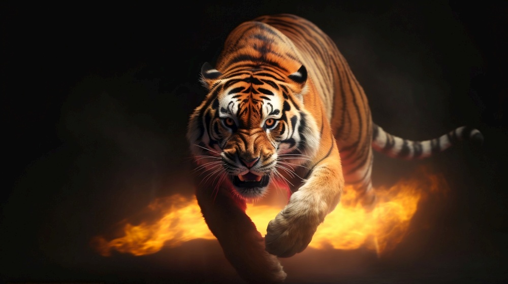 Fierce Tiger Jumping and Roaring with Chains and Flames in Red and Yellow Tones. Generative ai. High quality illustration. Fierce Tiger Jumping and Roaring with Chains and Flames in Red and Yellow Tones. Generative ai