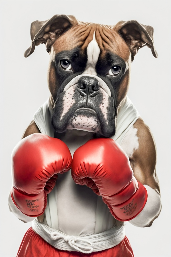 Dog Portrait Wearing Boxing Shirt and Red Gloves Isolated on White Background. Generative ai. High quality illustration. Dog Portrait Wearing Boxing Shirt and Red Gloves Isolated on White Background. Generative ai