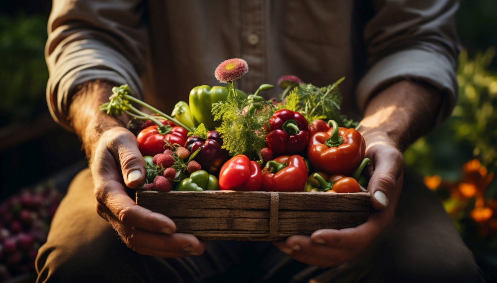 Close Up of Farmer Male Hands Holding Box with Organic Food. Generative ai. High quality illustration. Close Up of Farmer Male Hands Holding Box with Organic Food. Generative ai