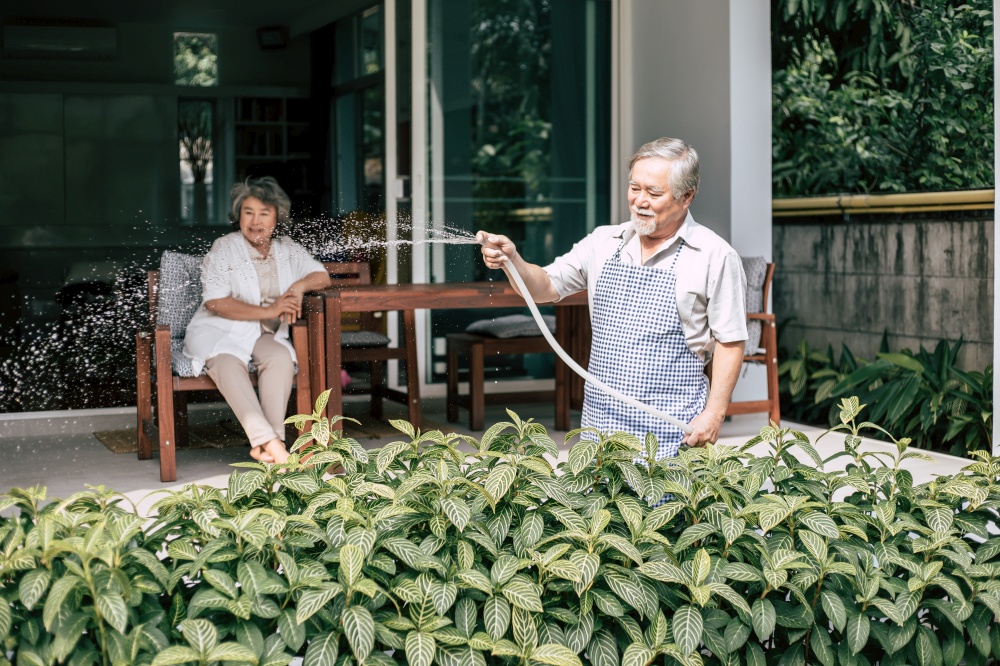 Elderly couple watering a flower in home garden