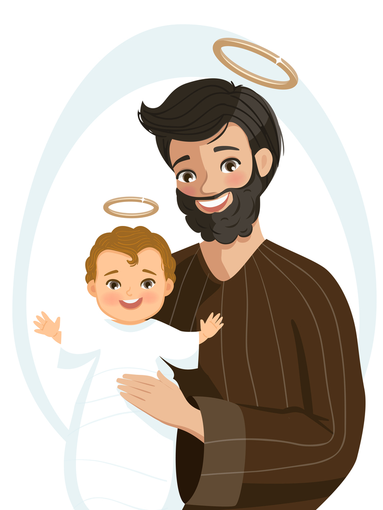 Saint Joseph holds newborn Jesus smiling. Fathers day. Birth of Christ