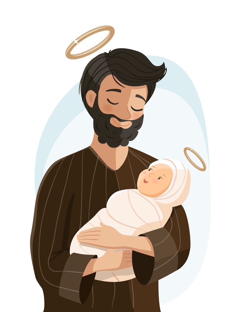 Saint Joseph holds newborn Jesus. Fathers day. Birth of Christ