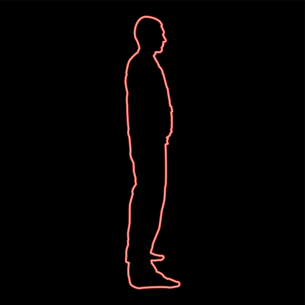 Neon man stands dressed in work clothes overalls and looks straight red color vector illustration image flat style light. Neon man stands dressed in work clothes overalls and looks straight red color vector illustration image flat style