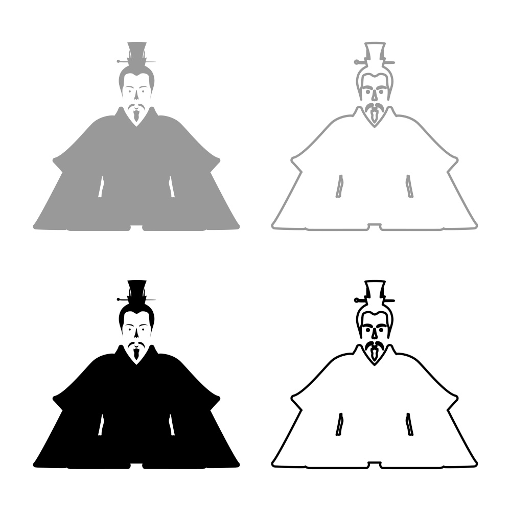 Emperor Japan China silhouette Chinese nobility Japanese ancient character avatar imperial ruler set icon grey black color vector illustration image simple solid fill outline contour line thin flat style. Emperor Japan China silhouette Chinese nobility Japanese ancient character avatar imperial ruler set icon grey black color vector illustration image solid fill outline contour line thin flat style