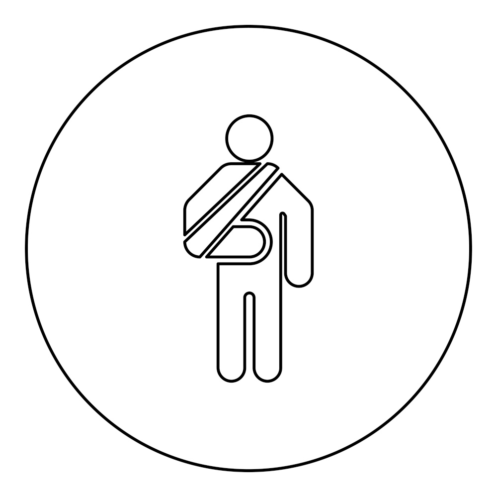 Man with broken arm hand gypsum injured stick using sticks person trauma concept elastic bandage on human immobilize support bone sling cast fracture trauma icon in circle round black color vector illustration image outline contour line thin style simple. Man with broken arm hand gypsum injured stick using sticks person trauma concept elastic bandage on human immobilize support bone sling cast fracture trauma icon in circle round black color vector illustration image outline contour line thin style