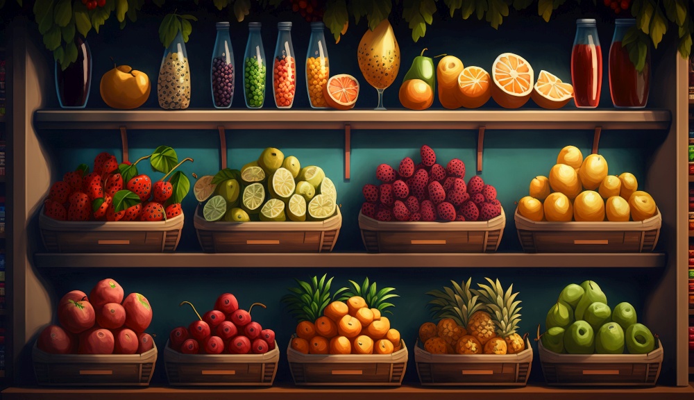Colorful Array of Fresh Fruits on Display at Local Greengrocer. Generative AI