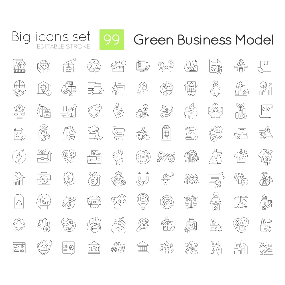 Green business model linear icons set. Sustainable company. Environmental friendly. Customizable thin line symbols. Isolated vector outline illustrations. Editable stroke. Quicksand-Light font used. Green business model linear icons set