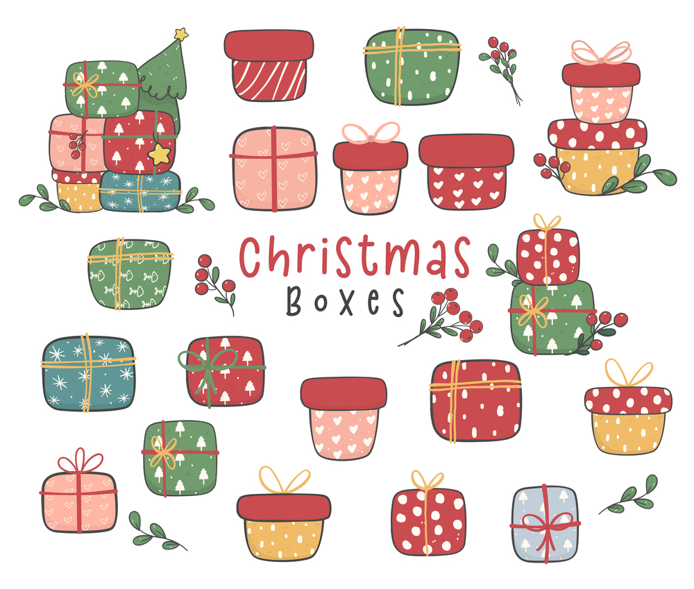collection of cute Christmas gift boxes doodle hand drawn vector