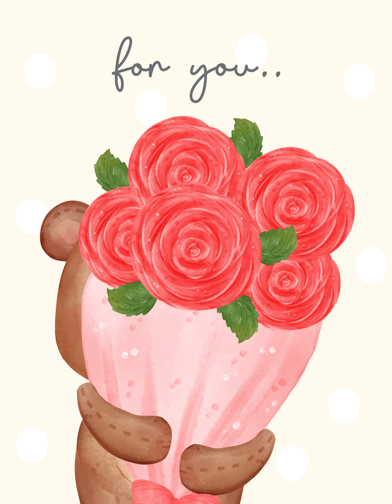 cute Valentine shy brown teddy bear hug bouquet of roses,  adorable cartoon watercolour hand drawn vector illustration