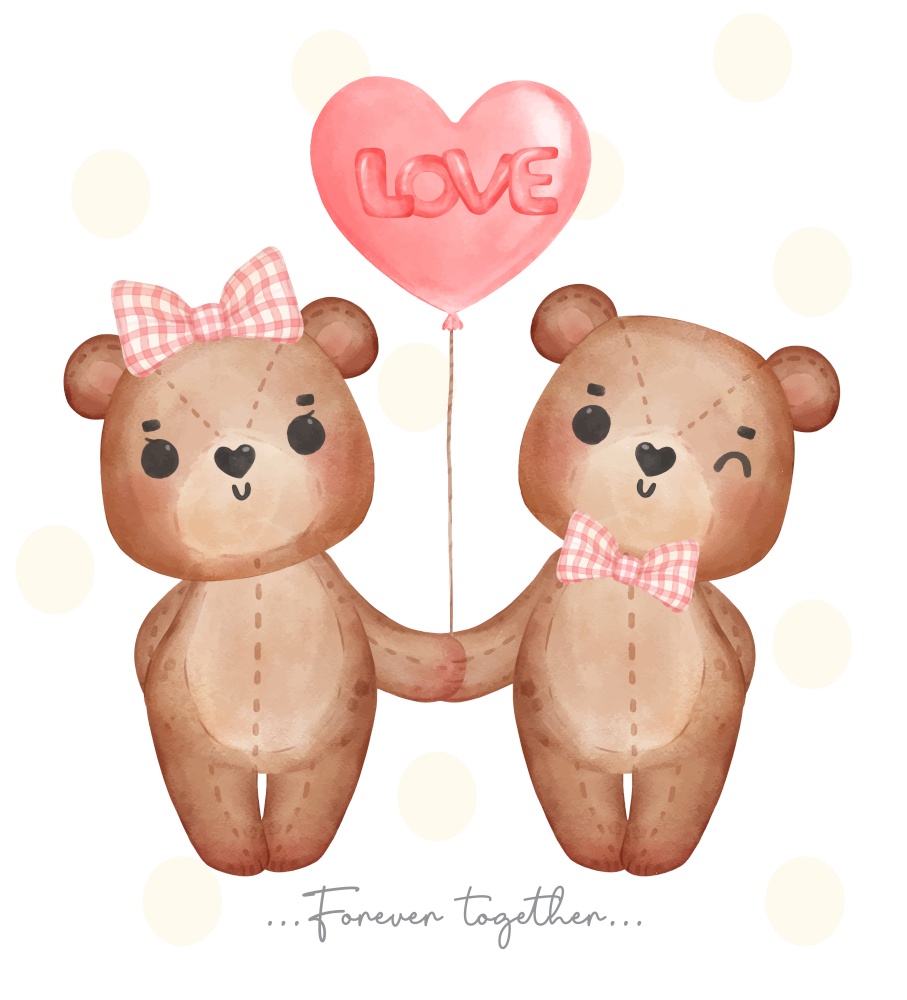 cute classic couple brown teddy bears lover, boy and girl hold hand, forever together, Happy Valentine, adorable cartoon watercolor hand drawn vector illustration